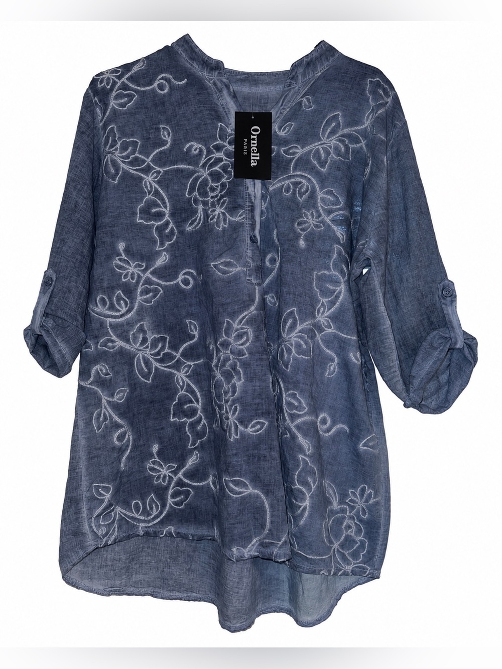 NWT Ornella Paris Embroidered Linen Blend Tunic Top 2XL Blue Floral Boho Shirt